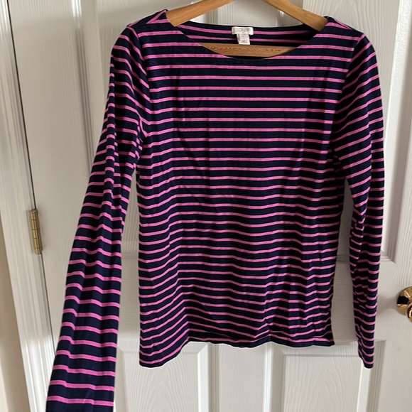 J. Crew Navy & Pink Striped Boat Neck Long Sleeve Top Size Small - Picture 2 of 5